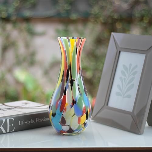 Cá d'Oro Jarrón de cristal de 10.6 pulgadas de alto multicolor confeti soplado a mano estilo Murano vidrio artístico
