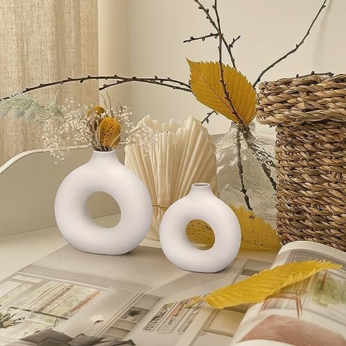 TAVADA Juego de 2 Jarrón De Cerámica, jarrones Redondos para Hierba de Pampas para decoración Moderna del hogar,Jarrones de cerámica neutros Bohemios nórdicos Estilo minimalismo