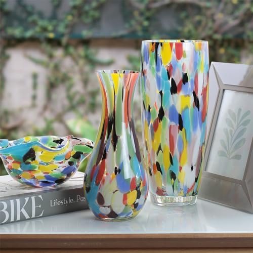 Cá d'Oro Jarrón de cristal de 10.6 pulgadas de alto multicolor confeti soplado a mano estilo Murano vidrio artístico