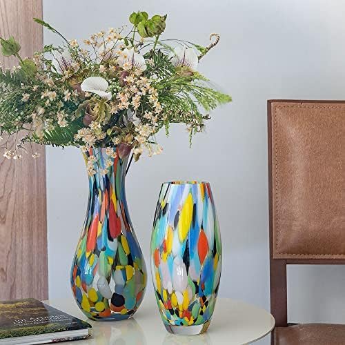 Cá d'Oro Jarrón de cristal de 10.6 pulgadas de alto multicolor confeti soplado a mano estilo Murano vidrio artístico