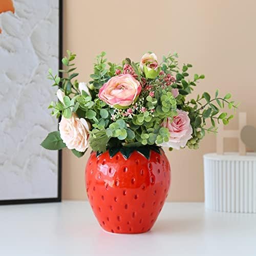 ZHDOKA Jarrón creativo de cerámica de fresa, jarrón en forma de fruta, estatua de fresa, adorno de mesa, jarrón de fresa de inspiración vintage para chimenea, boda, decoración de dormitorio (planta