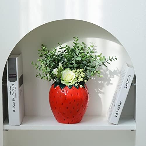ZHDOKA Jarrón creativo de cerámica de fresa, jarrón en forma de fruta, estatua de fresa, adorno de mesa, jarrón de fresa de inspiración vintage para chimenea, boda, decoración de dormitorio (planta