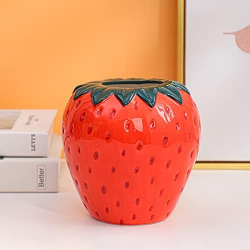 ZHDOKA Jarrón creativo de cerámica de fresa, jarrón en forma de fruta, estatua de fresa, adorno de mesa, jarrón de fresa de inspiración vintage para chimenea, boda, decoración de dormitorio (planta