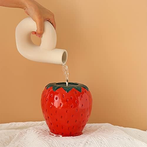 ZHDOKA Jarrón creativo de cerámica de fresa, jarrón en forma de fruta, estatua de fresa, adorno de mesa, jarrón de fresa de inspiración vintage para chimenea, boda, decoración de dormitorio (planta
