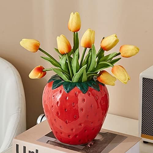 ZHDOKA Jarrón creativo de cerámica de fresa, jarrón en forma de fruta, estatua de fresa, adorno de mesa, jarrón de fresa de inspiración vintage para chimenea, boda, decoración de dormitorio (planta