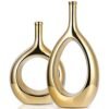 Moderno juego de jarrones de cerámica dorada brillante – 2 jarrones pequeños, lujosa decoración del hogar, ideal para centros de mesa dorados; decoración ideal para estantes, decoración de mesa,