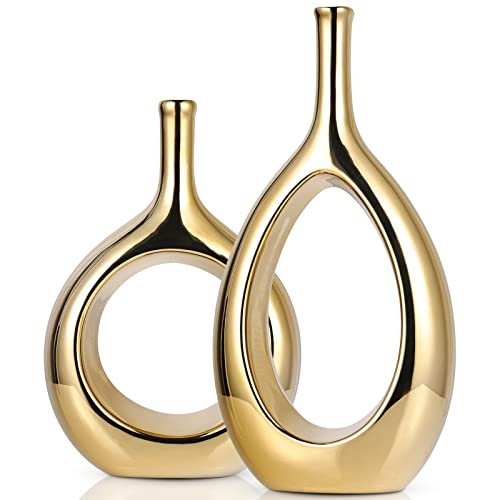 Moderno juego de jarrones de cerámica dorada brillante – 2 jarrones pequeños, lujosa decoración del hogar, ideal para centros de mesa dorados; decoración ideal para estantes, decoración de mesa,