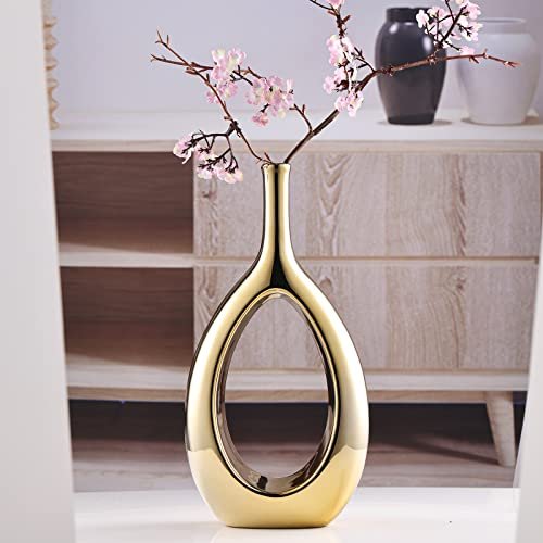 Moderno juego de jarrones de cerámica dorada brillante – 2 jarrones pequeños, lujosa decoración del hogar, ideal para centros de mesa dorados; decoración ideal para estantes, decoración de mesa,