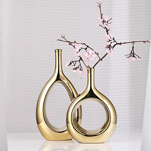 Moderno juego de jarrones de cerámica dorada brillante – 2 jarrones pequeños, lujosa decoración del hogar, ideal para centros de mesa dorados; decoración ideal para estantes, decoración de mesa,