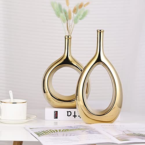 Moderno juego de jarrones de cerámica dorada brillante – 2 jarrones pequeños, lujosa decoración del hogar, ideal para centros de mesa dorados; decoración ideal para estantes, decoración de mesa,