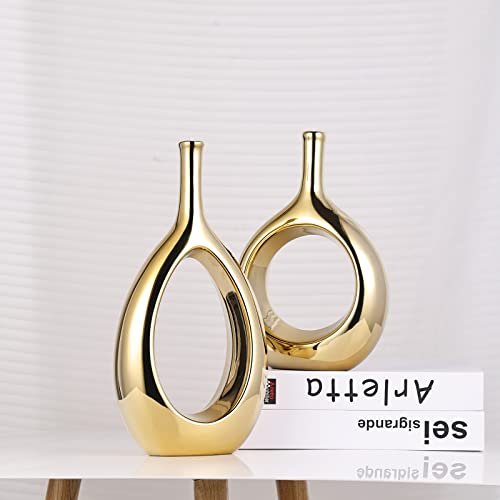 Moderno juego de jarrones de cerámica dorada brillante – 2 jarrones pequeños, lujosa decoración del hogar, ideal para centros de mesa dorados; decoración ideal para estantes, decoración de mesa,