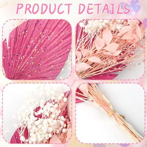 Flores Secas Rosa Blanco Azul Natural Ramo Pampas Palma Adornos para Tartas Purpurina Decoración de Pasteles Palmas Decoracion para Pastel Mesa Boda Jarrón Habitación (Pink)