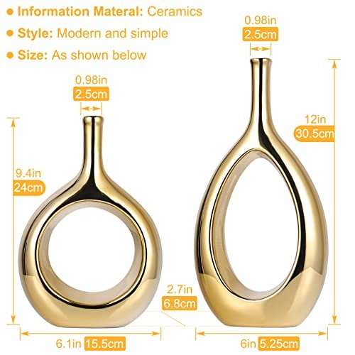 Moderno juego de jarrones de cerámica dorada brillante – 2 jarrones pequeños, lujosa decoración del hogar, ideal para centros de mesa dorados; decoración ideal para estantes, decoración de mesa,