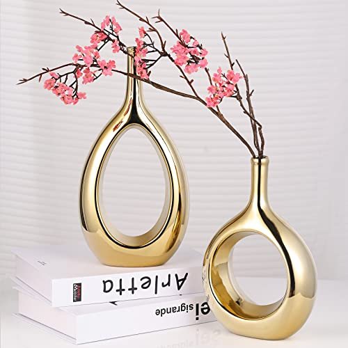 Moderno juego de jarrones de cerámica dorada brillante – 2 jarrones pequeños, lujosa decoración del hogar, ideal para centros de mesa dorados; decoración ideal para estantes, decoración de mesa,